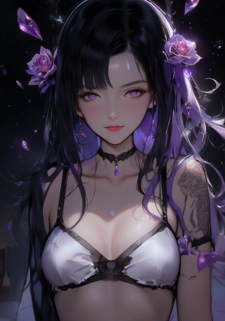 1girl, small breasts, white bra, ass, shoulder tattoo, face tattoo, backround pyrite chrystals in the air, black theme, black and purple hair