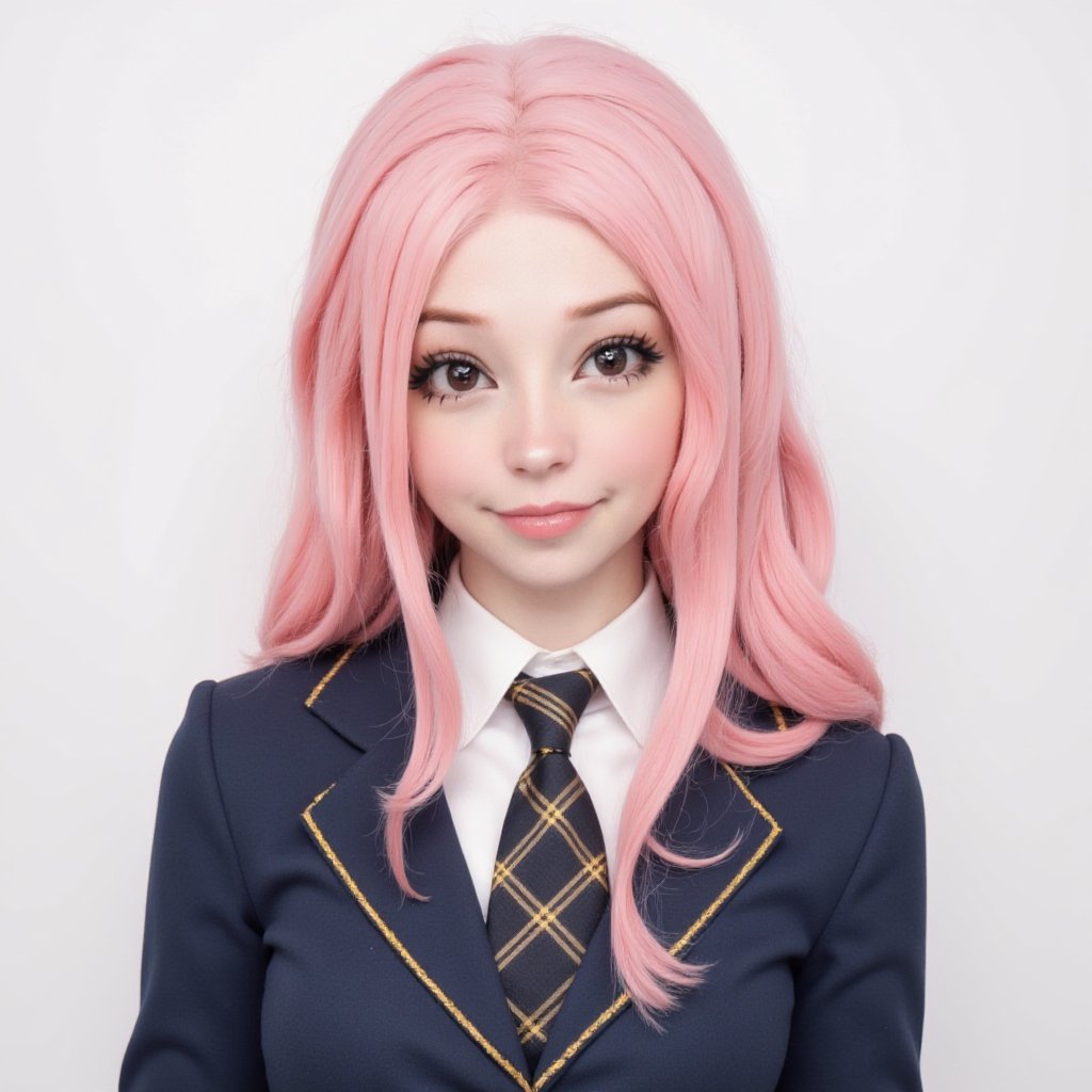 digital render face portrait studio photo of a woman looking at viewer, standing, face id photo, (pink hair color), dark brown big eyes, looking at viewer, formal school uniform, necktie, white color background, simple background, | ,astroflux_v101, belle delphine,