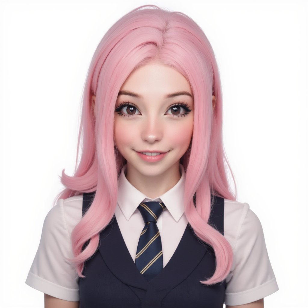 digital render face portrait studio photo of a woman looking at viewer, standing, face id photo, (pink hair color), dark brown big eyes, looking at viewer, formal school uniform, necktie, white color background, simple background, | ,astroflux_v101, belle delphine,