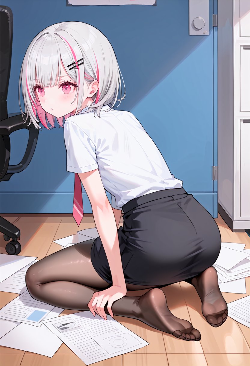 1girl, solo, office, back, her head completely down, kneeling down on one knee, picking up a piece of paper off the ground, her looking down, (expose pants), back view
, sena asumi, multicolored hair, pink hair, streaked hair, pink eyes, grey hair, hair ornament, bangs, steady, perfect face, red_pants, (office girl outfits, pink tie, white short sleeves shirt, black pencil short skirts, pantyhose), 30yo, lustrous
, score_9, score_8_up, score_7_up, best quality, source_anime,