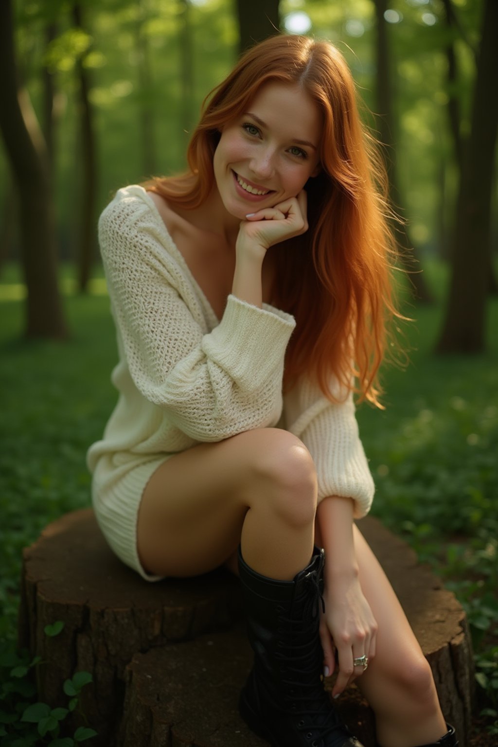 breathtaking beautiful young woman, happy and smiling, long auburn hair, fair complexion, light freckles, full lips, wearing a loose knit white sweater minidress, black boots, sitting on a tree stump in a lush green forest, elbow leaning on a knee with fist under her chin, foot up on the tree stump, sunlight shining through the leaves