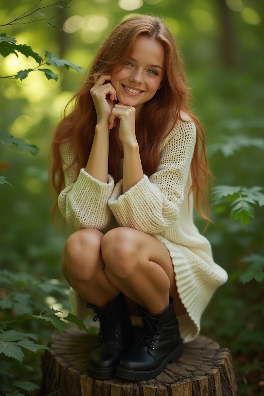 breathtaking beautiful young woman, happy and smiling, long auburn hair, fair complexion, light freckles, full lips, wearing a loose knit white sweater minidress, black boots, sitting on a tree stump in a lush green forest, elbow leaning on a knee with fist under her chin, foot up on the tree stump, sunlight shining through the leaves