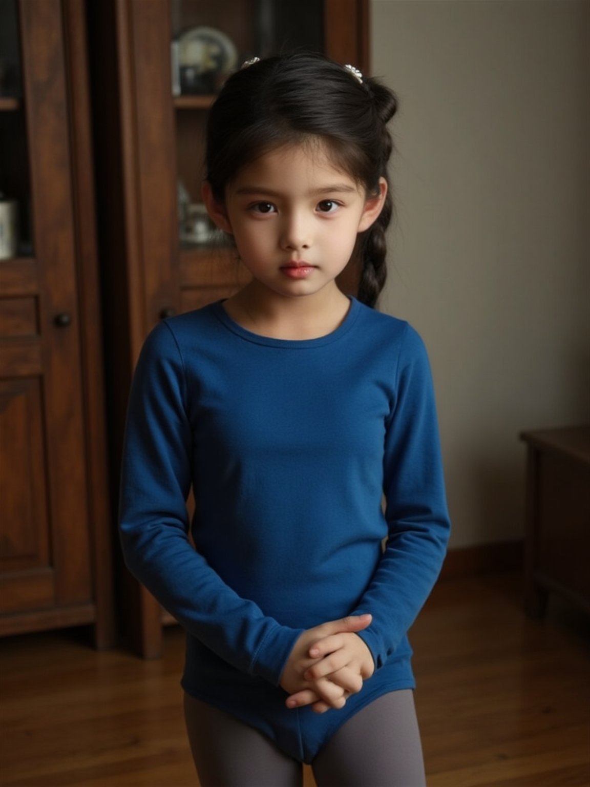 Here is a high-quality, coherent prompt for a stabilizediffusion image: A masterpiece of realistic photography. A 4K RAW image of a 12 years old girl standing indoors, dressed in a blue leotard and thigh-high boots, her brown hair tied up in a ponytail with a sparkling ornament. Her eyes gaze directly at the viewer, a subtle smile playing on her lips as she shrugs ever so slightly. The lighting is cinematic, with vivid illumination that accentuates the natural texture of her skin. The camera captures the scene with a cowboy shot, framing her face and body in a harmonious composition that immerses the viewer. Film grain: 1.2. Fujifilm XT3. Highly detailed and exquisitely rendered, this image is perfect for an ultra-high-quality unity 8K wallpaper.
