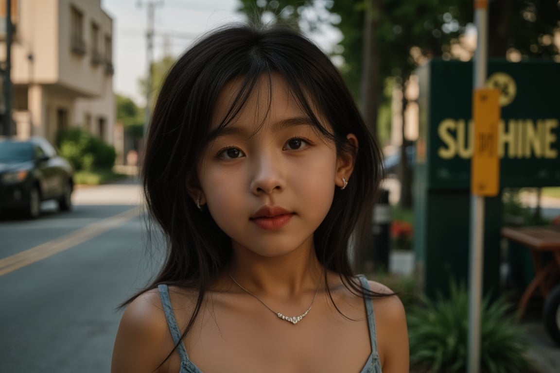 Here's a prompt for a RAW photo: A cinematic shot captured on Fujifilm XT3, showcasing an 14-year-old girl in a street corner setting with soft, natural lighting.  her finely detailed face radiating mystery as she gazes off-camera. The vivid illumination accentuates the transparency and tightness of her outfit, exuding playfulness and sensuality. The composition is harmonious, inviting the viewer to immerse themselves in the atmosphere. where lush greenery and bold emblazoned words SUNSHINE create a striking visual counterpoint to her melancholic countenance, as if bathed in the faint light of the street lamps.(Film grain: 1.2,  ultra detailed skin texture)