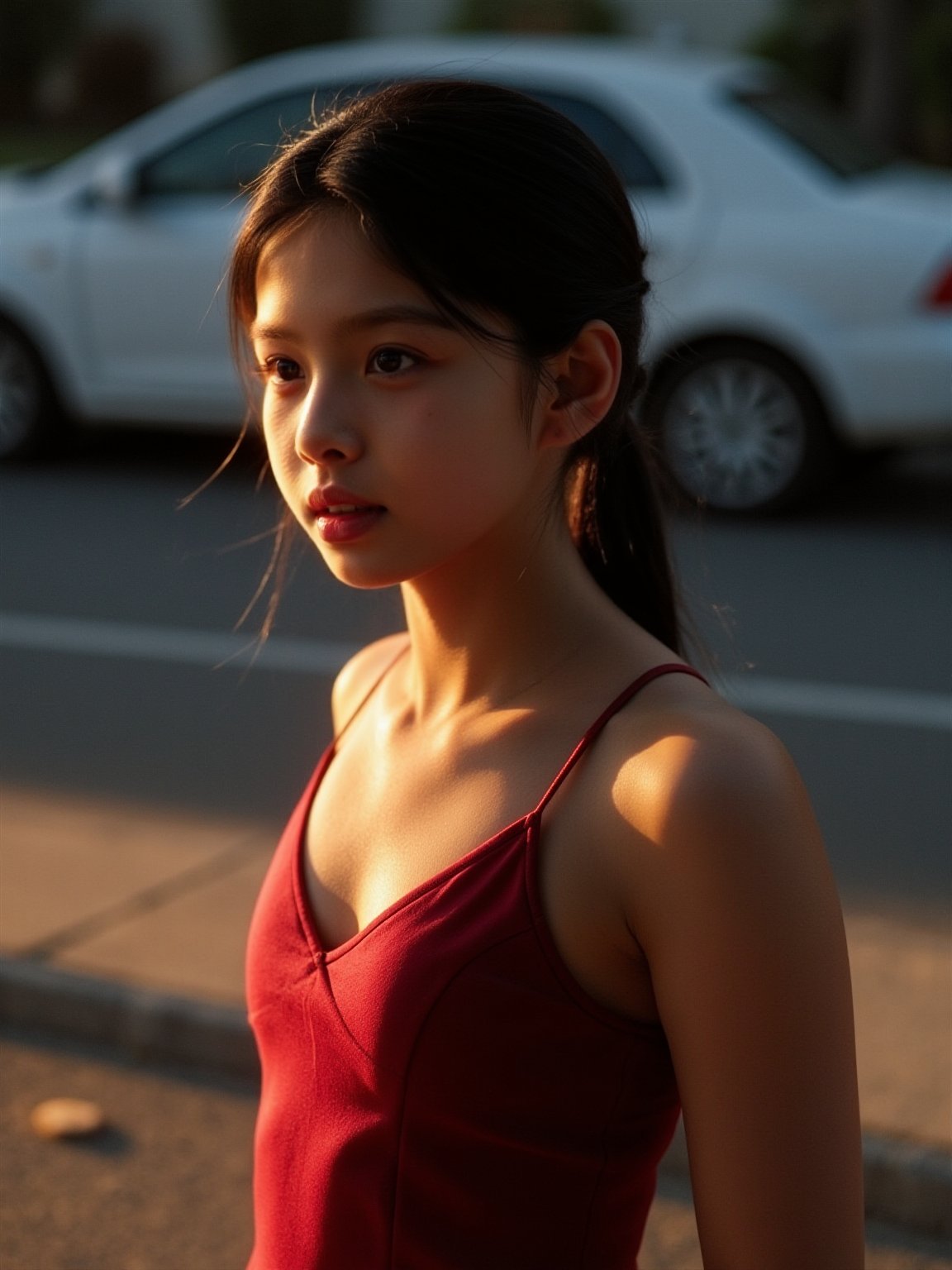 Here's a prompt for a RAW photo: A cinematic shot captured on Fujifilm XT3, showcasing an 14-year-old girl in a street corner setting with soft, natural lighting. She stands  vest from the waist up, her finely detailed face radiating mystery as she gazes off-camera. The vivid illumination accentuates the transparency and tightness of her outfit, exuding playfulness and sensuality. The composition is harmonious, inviting the viewer to immerse themselves in the atmosphere. (Film grain: 1.2,ultra detailed skin texture)