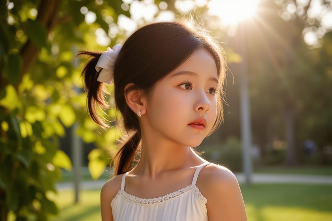 Floodlight,This is a sunlit portrait of a young girl in profile with her back to the camera,bathed in warm,soft light that creates a halo effect around her. Her brown hair is loosely tied back with curls twisting around her face and neck. She is wearing a see-through strapless white dress trimmed with lace. The background is blurred to ensure that the focus is on the subject. The photograph is softly lit and luminous,with delicate romantic tones and an ethereal,dreamy quality. The soft focus enhances the gentle and serene atmosphere of the image., where lush greenery and bold emblazoned words" SUNSHINE "create a striking visual counterpoint to her melancholic countenance, as if bathed in the faint light of the street lamps.(Film grain: 1.2, ultra detailed skin texture)