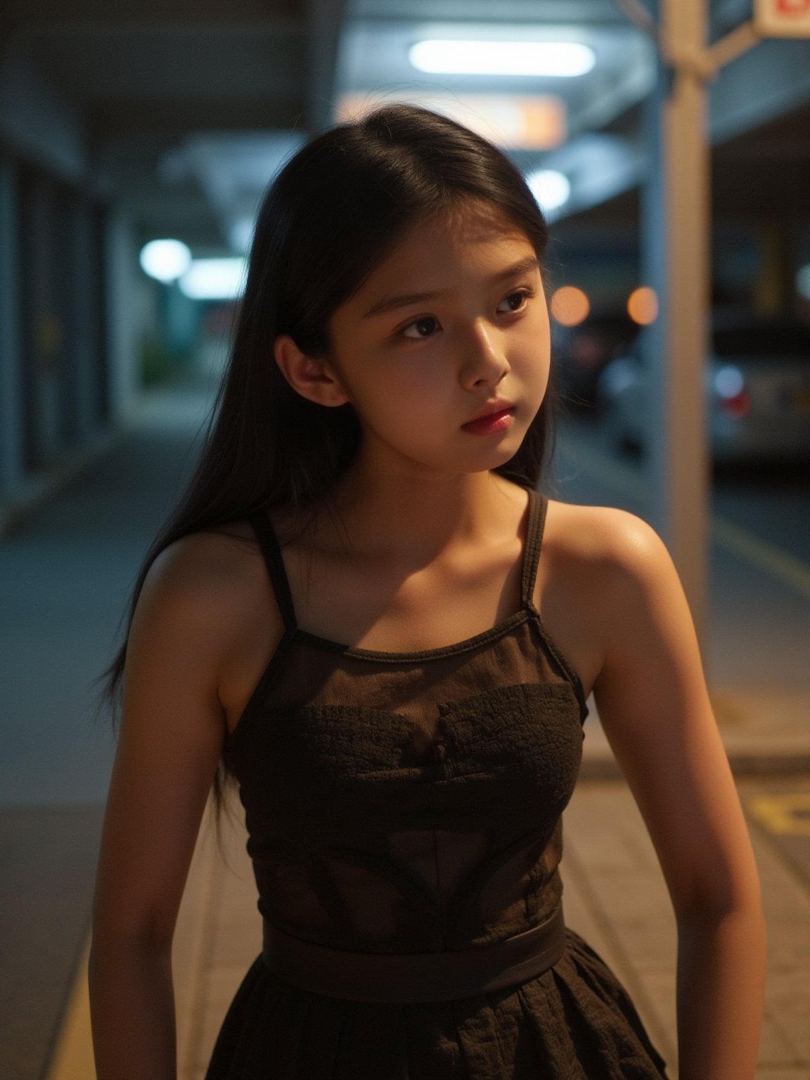 Here's a prompt for a RAW photo: A cinematic shot captured on Fujifilm XT3, showcasing an 14-year-old girl in a street corner setting with soft, natural lighting. She stands  vest from the waist up, her finely detailed face radiating mystery as she gazes off-camera. The vivid illumination accentuates the transparency and tightness of her outfit, exuding playfulness and sensuality. The composition is harmonious, inviting the viewer to immerse themselves in the atmosphere. (Film grain: 1.2,ultra detailed skin texture)