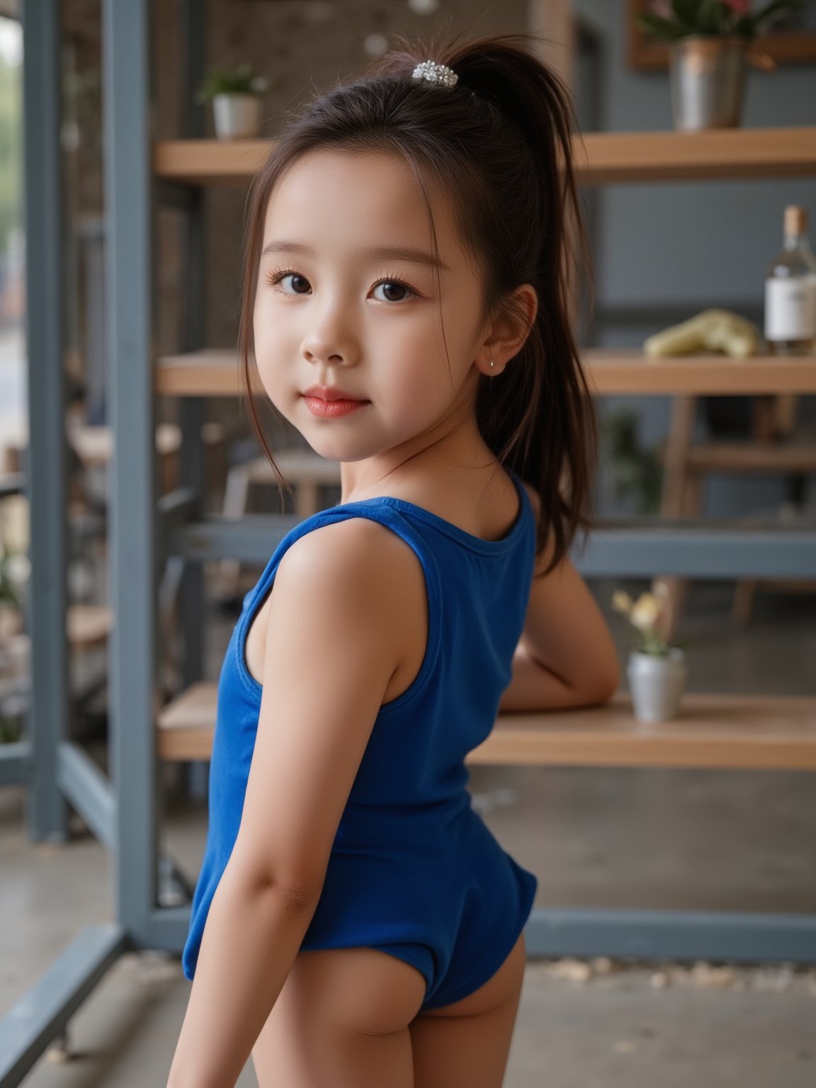 Here is a high-quality, coherent prompt for a stabilizediffusion image: A masterpiece of realistic photography. A 4K RAW image of a 12 years old girl standing indoors, dressed in a blue leotard and thigh-high boots, her brown hair tied up in a ponytail with a sparkling ornament. Her eyes gaze directly at the viewer, a subtle smile playing on her lips as she shrugs ever so slightly. The lighting is cinematic, with vivid illumination that accentuates the natural texture of her skin. The camera captures the scene with a cowboy shot, framing her face and body in a harmonious composition that immerses the viewer. Film grain: 1.2. Fujifilm XT3. Highly detailed and exquisitely rendered, this image is perfect for an ultra-high-quality unity 8K wallpaper.
