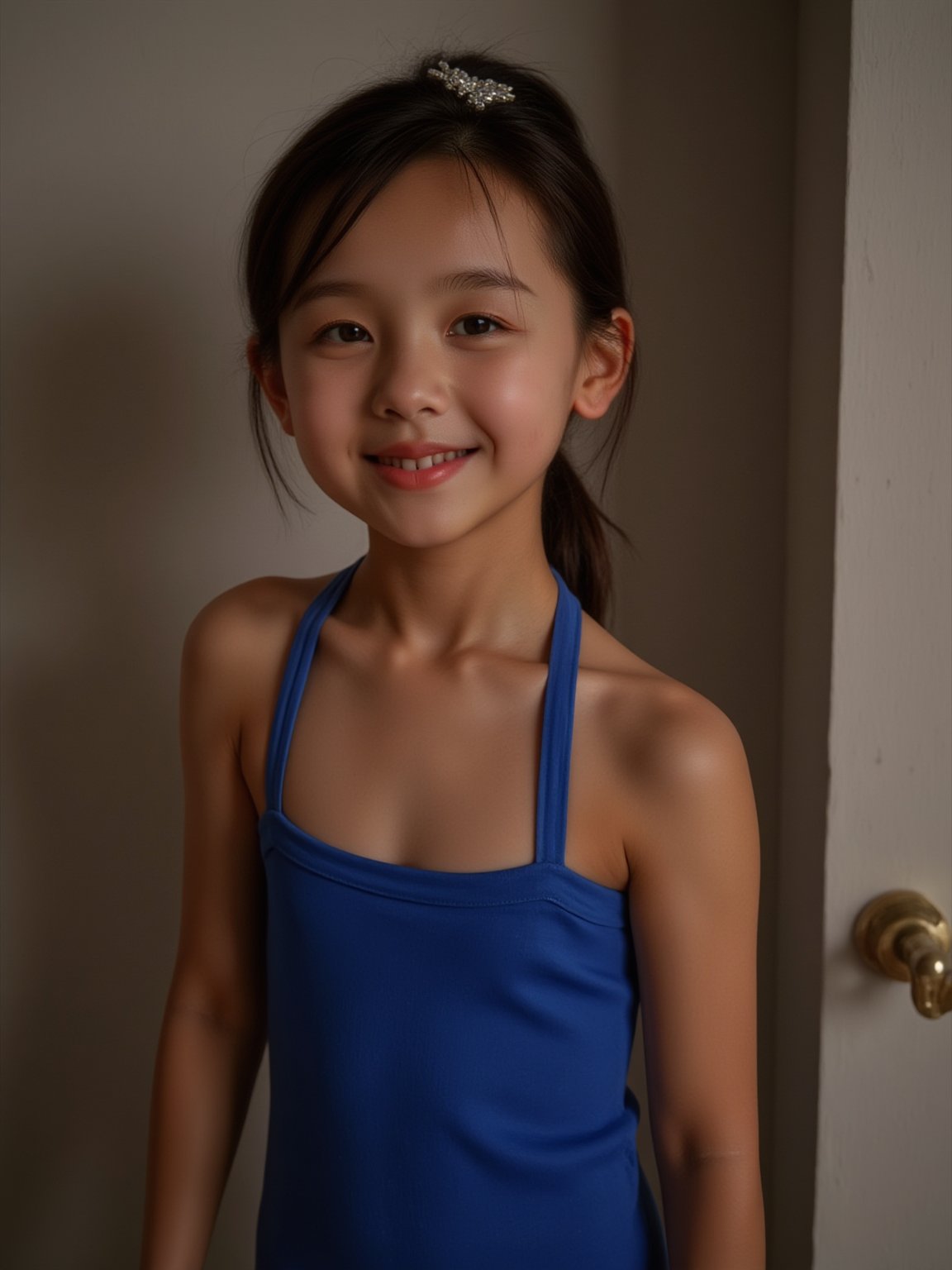 Here is a high-quality, coherent prompt for a stabilizediffusion image: A masterpiece of realistic photography. A 4K RAW image of a 12 years old girl standing indoors, dressed in a blue leotard and thigh-high boots, her brown hair tied up in a ponytail with a sparkling ornament. Her eyes gaze directly at the viewer, a subtle smile playing on her lips as she shrugs ever so slightly. The lighting is cinematic, with vivid illumination that accentuates the natural texture of her skin. The camera captures the scene with a cowboy shot, framing her face and body in a harmonious composition that immerses the viewer. Film grain: 1.2. Fujifilm XT3. Highly detailed and exquisitely rendered, this image is perfect for an ultra-high-quality unity 8K wallpaper.
