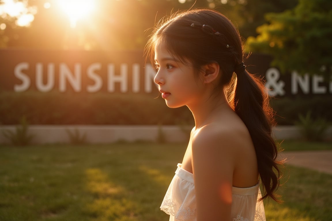 Floodlight,This is a sunlit portrait of a young girl in profile with her back to the camera,bathed in warm,soft light that creates a halo effect around her. Her brown hair is loosely tied back with curls twisting around her face and neck. She is wearing a see-through strapless white dress trimmed with lace. The background is blurred to ensure that the focus is on the subject. The photograph is softly lit and luminous,with delicate romantic tones and an ethereal,dreamy quality. The soft focus enhances the gentle and serene atmosphere of the image., where lush greenery and bold emblazoned words" SUNSHINE "create a striking visual counterpoint to her melancholic countenance, as if bathed in the faint light of the street lamps.(Film grain: 1.2, ultra detailed skin texture)