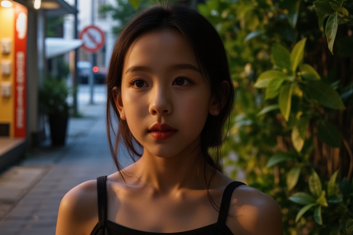 Here's a prompt for a RAW photo: A cinematic shot captured on Fujifilm XT3, showcasing an 14-year-old girl in a street corner setting with soft, natural lighting.  her finely detailed face radiating mystery as she gazes off-camera. The vivid illumination accentuates the transparency and tightness of her outfit, exuding playfulness and sensuality. The composition is harmonious, inviting the viewer to immerse themselves in the atmosphere. where lush greenery and bold emblazoned words SUNSHINE create a striking visual counterpoint to her melancholic countenance, as if bathed in the faint light of the street lamps.(Film grain: 1.2,  ultra detailed skin texture)