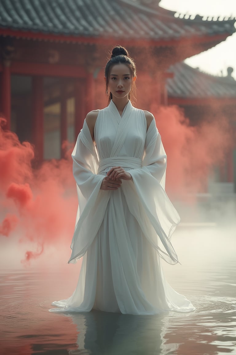 A Chinese Taoist woman wearing white Taoist robe, off shoulders, bar shoulders, single bun,cinematic light, perfect anatomy, (smoke:1.4), stand in water with front facing us, a drift of red smoke swirls around here, background is (Taoist temple:1.4), (swirls smoke:1.4), sharp focus, volumetric fog, 8k UHD, DSLR, high quality,subu