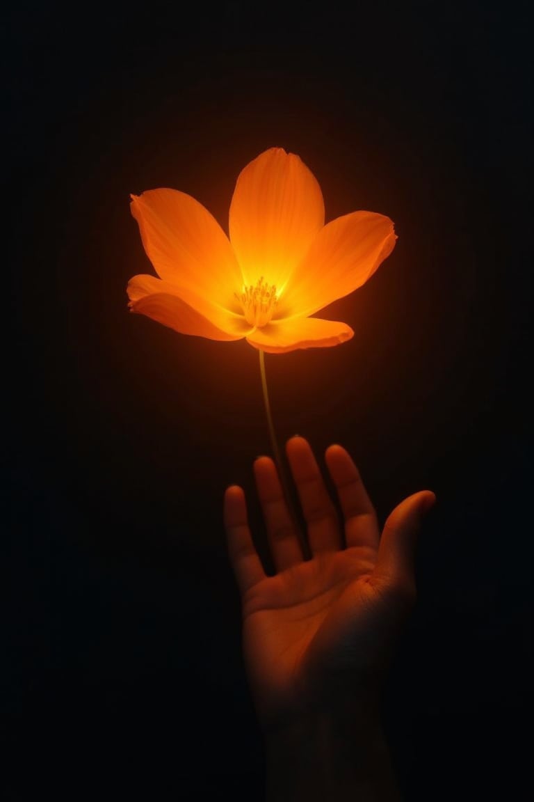 (wallpaper) a vibrant orange glowing shining flower is soaring across the dark sky backgound, dark background. The flower is glowing with a glowing orange hue, adding a pop of color to the scene. a hand of is try to reach the flower, that hand is positioned in a way that creates a striking contrast, The backdrop is a deep black, creating a stark contrast to the glowing flower and the hands which try to reach it.