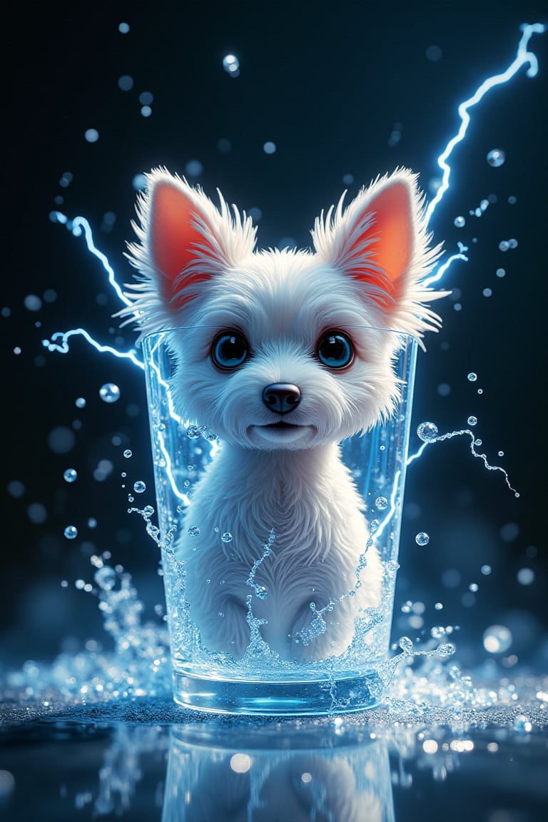 An ultra-realistic illustration capturing a macro view of a water explosion on a glass, with the BREAK scattering of water particles illuminated by a flow of electricity. Inside the glass, a small, cute whippet is depicted with amazing details. The scene features perfect lighting and reflections, rendered with Unreal Engine 5 and RTX on, in ultra HD and 8k resolution. The intricate, masterpiece-quality artwork showcases the dynamic interplay of water, glass, and electricity, with the whippet adding a touch of charm amidst the chaos.