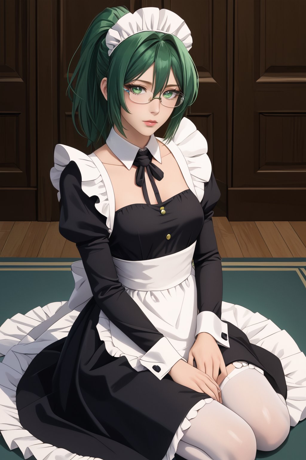 masterpiece, best quality, 1girl, solo, rimless glasses, green eyes, maid, green hair ponytail (kneeling, sitting:0.7)