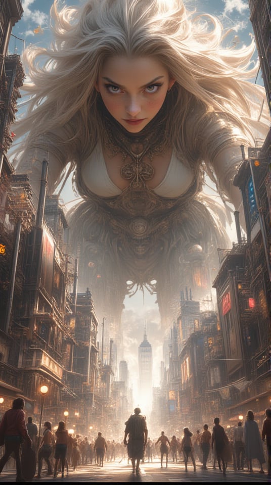 Masterpiece, (8K High Resolution), (Ultra High Resolution 3840 x 2160), (Ultimate Subjective), (12K Ultra High Resolution Wallpaper 8k), a captivating scene depicting a giant woman towering above a bustling city, her expression one of curiosity and wonder as she gazes down at the tiny humans below, appearing like ants in comparison. Her flowing hair cascades down her back, and her clothing billows softly in the breeze. The cityscape stretches out beneath her, with skyscrapers that seem small in her presence. The humans, engaged in their daily activities, look up in awe and fear at her colossal figure. The atmosphere is filled with a sense of scale and surrealism, emphasizing the contrast between the giantess and the tiny world at her feet.