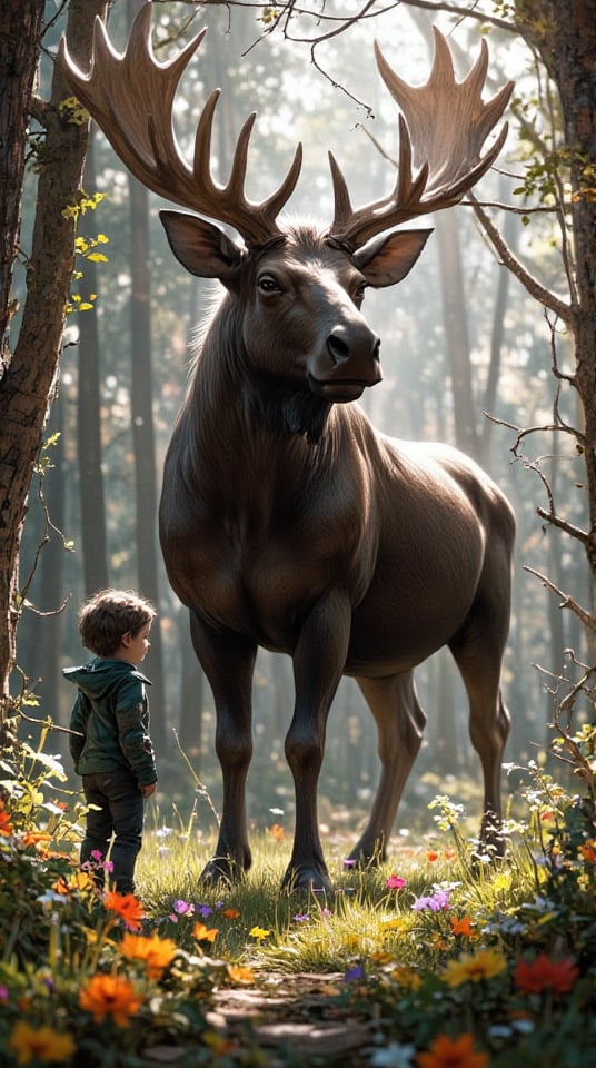 Masterpiece, (8K High Resolution), (Ultra High Resolution 3840 x 2160), (Ultimate Subjective), (12K Ultra High Resolution Wallpaper 8k). A majestic scene featuring a towering moose, towering over a human figure standing in a serene forest. The moose, with its impressive antlers spread wide, exudes a sense of strength and grace. Sunlight filters through the trees, casting dappled shadows on the forest floor, where vibrant wildflowers bloom. The human, awestruck, gazes up at the magnificent creature, highlighting the incredible size difference. This enchanting image captures the beauty and majesty of wildlife in a natural setting, evoking a sense of wonder and respect for nature.
