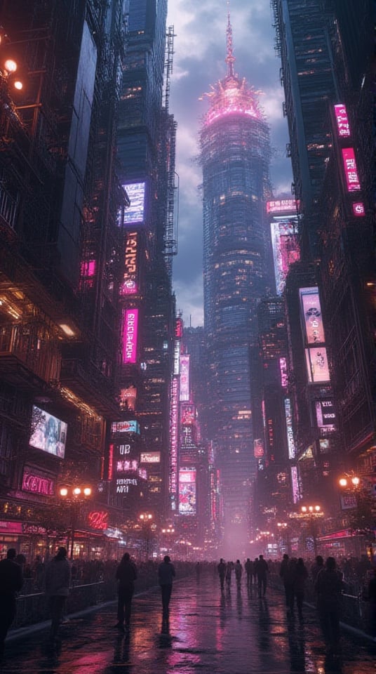 masterpiece, best quality, official art, hyper-detailed CG 8k wallpaper, absurdres, 8k resolution, SciFiWorld (Futuristic cityscape, neon lights, towering skyscrapers, flying vehicles, holograms, bustling streets, cybernetic enhancements, sleek designs, twilight, cool blue tones, vibrant pinks, glowing signs, intricate details, dynamic angles, immersive, captivating, painting, realistic, digital art, epic, technology, innovation, adventure, exploration, mystery, alluring, stimulating, breathtaking:0.5), luminous, radiant