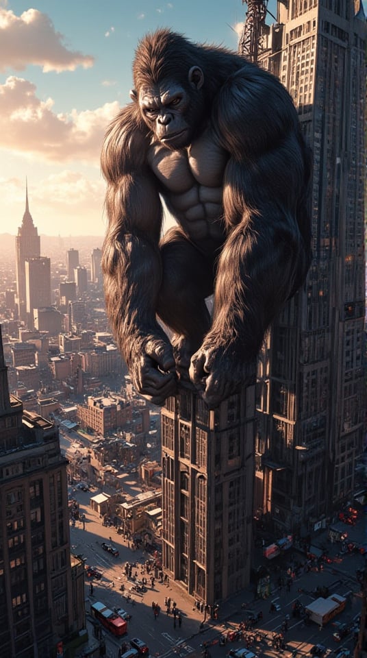 Masterpiece, (8K High Resolution), (Ultra High Resolution 3840 x 2160), (Ultimate Subjective), (12K Ultra High Resolution Wallpaper 8k). A dramatic scene of King Kong scaling a towering skyscraper in a bustling cityscape. The colossal ape is captured mid-climb, muscles rippling and fur glistening in the sunlight, as he reaches for the building's ledge. Below, tiny cars and pedestrians gaze up in awe and terror. The sky is a dynamic mix of blues and oranges as the sun sets, casting long shadows across the city. This powerful image embodies the raw strength and majesty of King Kong, showcasing his dominance in an urban jungle and the clash between nature and civilization.
