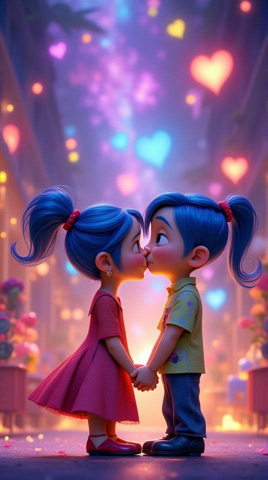 Masterpiece, (8K High Resolution), (Ultra High Resolution 3840 x 2160), (Ultimate Subjective), (12K Ultra High Resolution Wallpaper 8k). A heartwarming scene featuring the characters from "Inside Out" sharing a tender kiss. Joy and Sadness stand close together, their expressions a mix of surprise and affection, capturing the essence of their unique bond. The colorful, imaginative landscape of Riley’s mind surrounds them, with vibrant emotions swirling in the background. Soft, glowing lights create a magical atmosphere, emphasizing the beauty of their connection. The overall composition radiates warmth and joy, illustrating the harmony of emotions in a delightful and whimsical setting.
