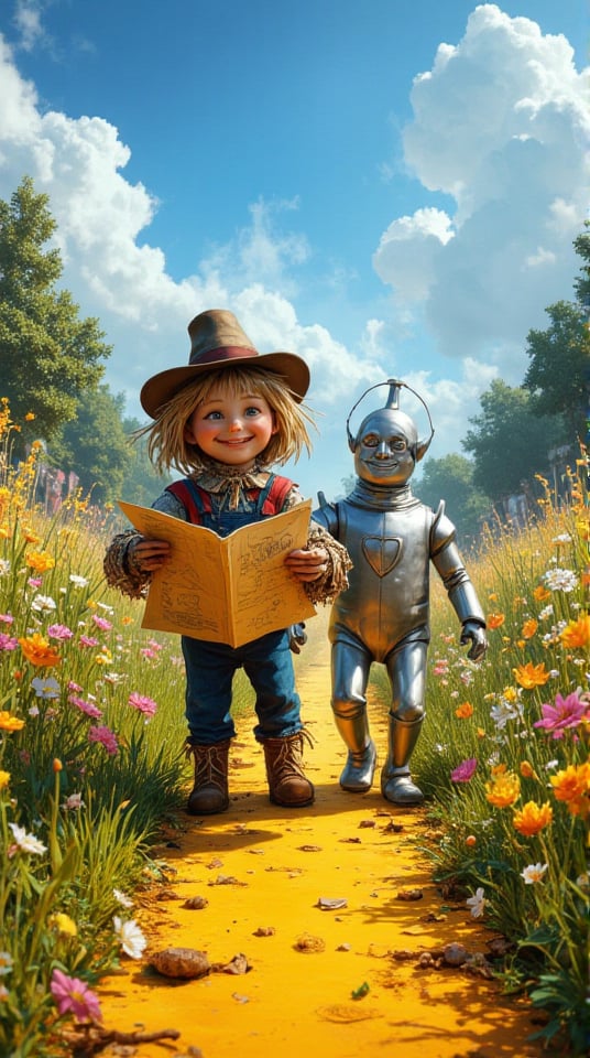 Masterpiece, (8K High Resolution), (Ultra High Resolution 3840 x 2160), (Ultimate Subjective), (12K Ultra High Resolution Wallpaper 8k). A whimsical scene featuring the Scarecrow and the Tin Man journeying along the Yellow Brick Road toward the Emerald City. The Scarecrow, with his cheerful smile and straw-filled limbs, holds a map with excitement. The Tin Man, gleaming in the sunlight, carries a heart-shaped pendant, symbolizing his quest for love. Surrounding them are vibrant flowers and lush greenery, creating a magical atmosphere. The sky is a brilliant blue, dotted with fluffy clouds, enhancing the sense of adventure and friendship in this enchanting world. The overall composition captures the spirit of exploration and camaraderie, inviting viewers into their unforgettable journey.
