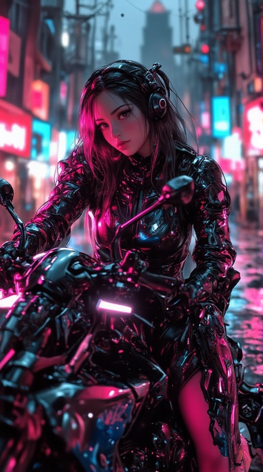 Masterpiece, (8K High Resolution), (Ultra High Resolution 3840 x 2160), (Ultimate Subjective), (12K Ultra High Resolution Wallpaper 8k). A stunning depiction of a girl confidently seated on a luxurious, futuristic motorcycle. She has a sleek, aerodynamic outfit that complements the bike's high-tech design, which features glowing accents and advanced technology. The motorcycle boasts smooth curves and intricate details, emphasizing its cutting-edge aesthetics. The background showcases a vibrant cityscape at dusk, with neon lights reflecting off the sleek surfaces of the bike. This dynamic image captures the essence of speed, freedom, and the thrill of adventure in a stylish, high-energy environment.
