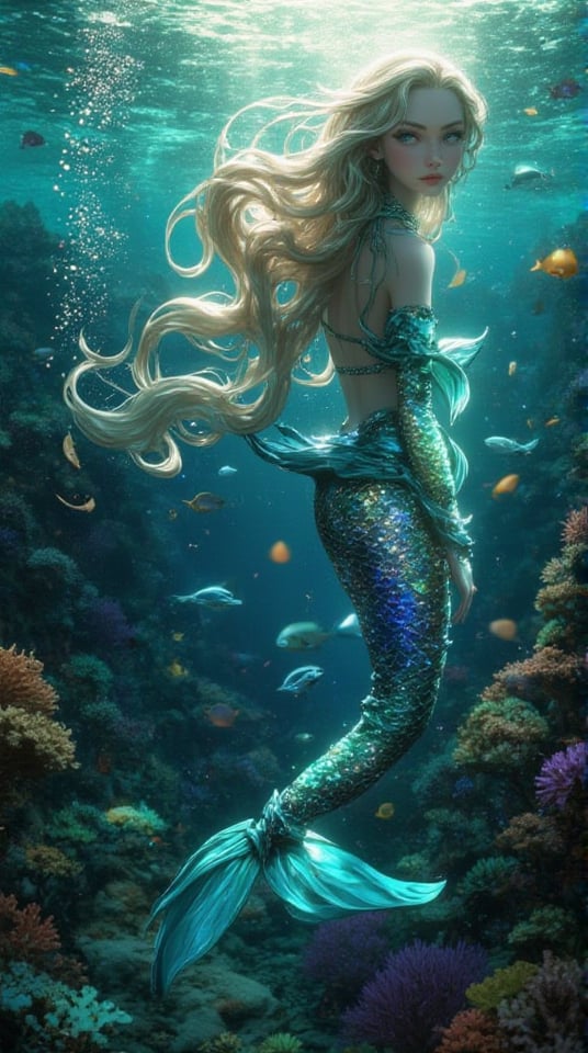 Masterpiece, (8K High Resolution), (Ultra High Resolution 3840 x 2160), (Ultimate Subjective), (12K Ultra High Resolution Wallpaper 8k), 3D, an enchanting scene featuring a stunning mermaid gracefully swimming beneath the waves. Her long, flowing hair billows around her like seaweed, shimmering with hints of aquamarine and gold. Her iridescent tail sparkles in various shades of blue and green, reflecting the soft, dappled sunlight filtering through the water's surface. Surrounded by vibrant coral reefs and colorful fish, she gazes thoughtfully at the viewer, her large, expressive eyes exuding warmth and allure. The overall composition captures the serene beauty of the underwater world, conveying a sense of tranquility, magic, and the allure of the ocean.