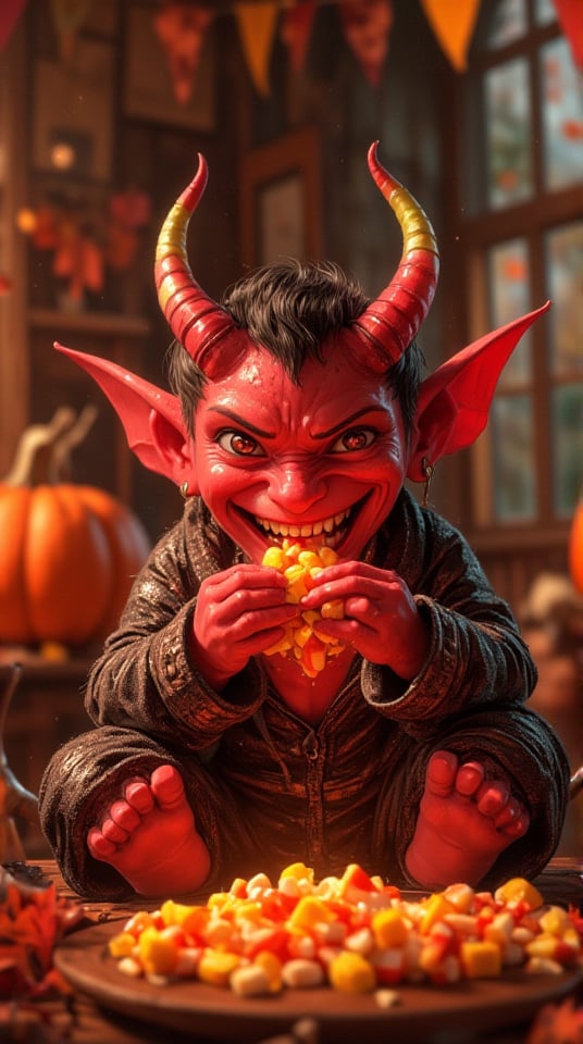 A whimsical illustration of a mischievous demon indulging in candy corn, (the demon depicted with playful, colorful features—perhaps bright red skin, small horns, and a wide grin), (sitting comfortably in a cozy setting filled with autumn decorations, like pumpkins and fallen leaves), (holding a handful of candy corn, eagerly popping the treats into its mouth), (the background featuring a warm, inviting atmosphere with soft lighting, enhancing the playful mood), (intricate details capturing the textures of the candy and the demon’s expressive face), (dynamic lighting highlighting the vibrant colors of the candy and the demon’s mischievous demeanor), (the scene filled with a sense of fun and lightheartedness, evoking the joy of Halloween treats), (masterpiece, high quality, official art, extremely detailed, 8k resolution, cinematic lighting).