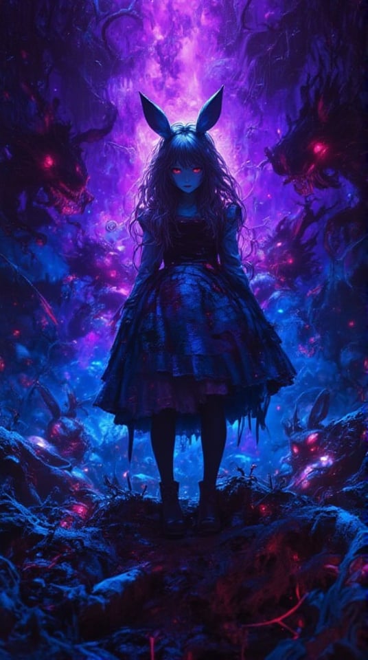 Masterpiece, (8K High Resolution), (Ultra High Resolution 3840 x 2160), (Ultimate Subjective), (12K Ultra High Resolution Wallpaper 8k), a captivating scene featuring Alice in a dark, twisted version of Wonderland. Surrounded by shadowy landscapes, she stands with a look of determination on her face, dressed in her iconic blue dress but with a darker, more mysterious twist. The sky is an eerie shade of purple, with ominous clouds swirling above. Sinister rabbits with glowing red eyes and sharp teeth lurk in the shadows, their menacing expressions suggesting they are up to no good. The ground is covered in strange, luminescent flowers and thorny vines, adding to the unsettling atmosphere. The overall composition conveys a sense of adventure and danger, capturing the contrast between Alice’s innocence and the dark world around her.