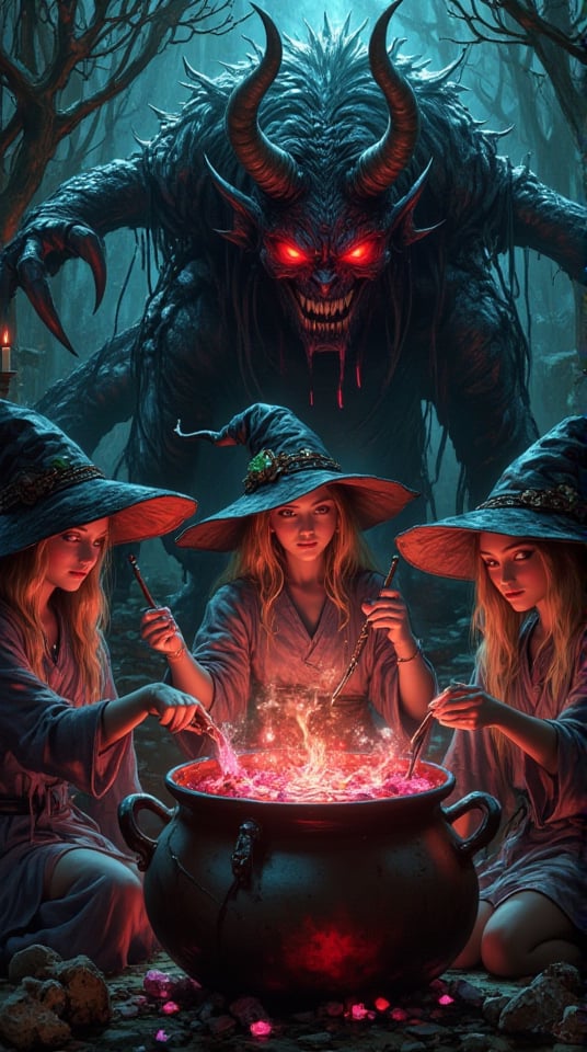 A dramatic illustration of three witches gathered around a large cauldron, (their expressions a mix of concentration and excitement as they stir the bubbling potion, vibrant colors swirling within), (each witch adorned in flowing robes with unique accessories, like crystals and herbs, showcasing their individuality), (behind them, a massive demon looms, towering and furious, with glowing red eyes and sharp claws, its powerful form casting a shadow over the witches), (the background filled with a dark, ominous forest, with twisted trees and flickering candles adding to the tension), (intricate details capturing the textures of the witches' clothing and the fearsome features of the demon), (dynamic lighting emphasizing the contrast between the glowing cauldron and the dark figure of the demon, creating an intense atmosphere), (the scene filled with a sense of danger and magic, evoking the thrill of a powerful ritual gone awry), (masterpiece, high quality, official art, extremely detailed, 8k resolution, cinematic lighting).