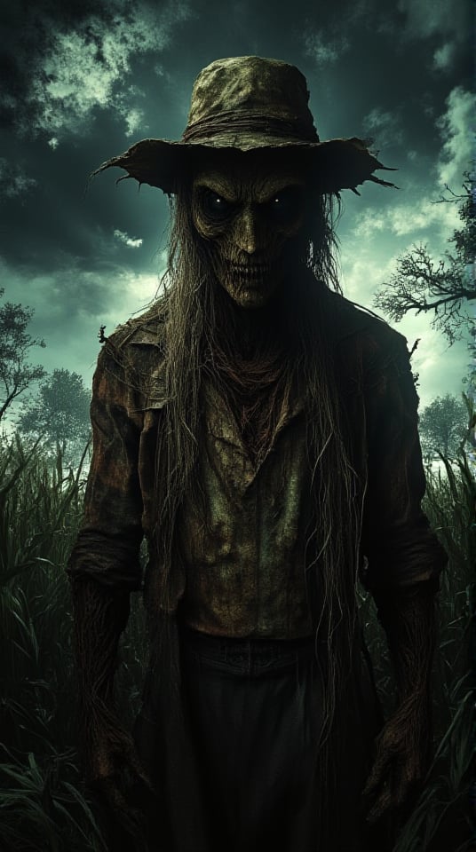 cctv footage of a horror monster,aidmaabdhr, A chilling illustration of a creepy scarecrow standing alone in a foggy cornfield, (its straw-filled body tattered and worn, with dark, hollow eyes that seem to follow you), (wearing a ragged hat and a faded flannel shirt, the fabric tattered and frayed), (the backdrop featuring an eerie twilight sky with swirling clouds and the silhouette of gnarled trees), (intricate details capturing the texture of the straw and the haunting expression on the scarecrow’s face), (dynamic lighting casting long shadows that enhance the sense of unease), (vibrant colors twisted into unsettling shades of brown and gray, evoking a feeling of dread), (masterpiece, best quality, official art, extremely detailed CG unity 8k wallpaper, absurdres, 8k resolution, Cinematic Lighting)