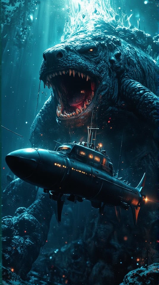 Masterpiece, (8K High Resolution), (Ultra High Resolution 3840 x 2160), (Ultimate Subjective), (12K Ultra High Resolution Wallpaper 8k). A thrilling underwater scene featuring a sleek submarine engaged in a fierce confrontation with a massive megalodon. The submarine, equipped with advanced technology and glowing lights, navigates through the dark depths of the ocean. The megalodon, with its enormous jaws and sharp teeth, looms ominously in the background, its powerful body cutting through the water. Rays of light filter down from the surface, illuminating the dramatic encounter as bubbles and debris swirl around them. This captivating image captures the tension and excitement of this epic battle between man-made engineering and nature's ancient predator.
