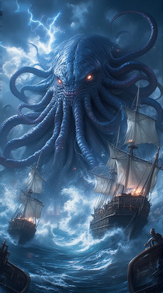 Masterpiece, (8K High Resolution), (Ultra High Resolution 3840 x 2160), (Ultimate Subjective), (12K Ultra High Resolution Wallpaper 8k). A thrilling depiction of a massive kraken emerging from the depths of a stormy sea, its colossal tentacles crashing down onto several ships. The creature's skin glistens with seawater, and its fierce eyes pierce through the dark waves. Surrounding the kraken, turbulent waters churn violently as sailors scramble to escape the impending doom. Lightning streaks across a foreboding sky, illuminating the chaotic scene with flashes of brilliance. The background features dark clouds and rough seas, enhancing the sense of danger and excitement. This composition captures the raw power and terror of the legendary kraken as it unleashes its fury upon unsuspecting vessels, creating an atmosphere of epic conflict.