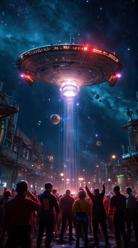 Masterpiece, (8K High Resolution), (Ultra High Resolution 3840 x 2160), (Ultimate Subjective), (12K Ultra High Resolution Wallpaper 8k). A stunning scene depicting the USS Enterprise soaring majestically above a crowd of awe-struck onlookers. The ship, illuminated by brilliant starlight, showcases its iconic sleek design and vibrant colors. Below, a diverse group of people gazes upward, their faces filled with wonder and excitement. Some are pointing at the ship, while others take photos. The background features a starry night sky and distant planets, enhancing the sense of adventure and exploration. This captivating image captures the spirit of discovery and the admiration for one of science fiction’s most beloved starships.