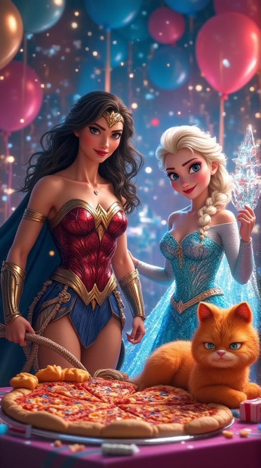 Masterpiece, (8K High Resolution), (Ultra High Resolution 3840 x 2160), (Ultimate Subjective), (12K Ultra High Resolution Wallpaper 8k), a vibrant and whimsical party scene featuring Wonder Woman, Elsa from "Frozen," and Garfield. Wonder Woman is striking a powerful pose with her lasso, dressed in her iconic armor, while Elsa, in her sparkling blue gown, is joyfully creating ice decorations around them. Garfield, looking mischievous, is lounging on a table filled with pizza and treats. The background is decorated with colorful balloons, streamers, and twinkling lights, capturing the festive atmosphere. The overall composition conveys fun, friendship, and a blend of heroic and magical elements, making it an engaging piece of art.