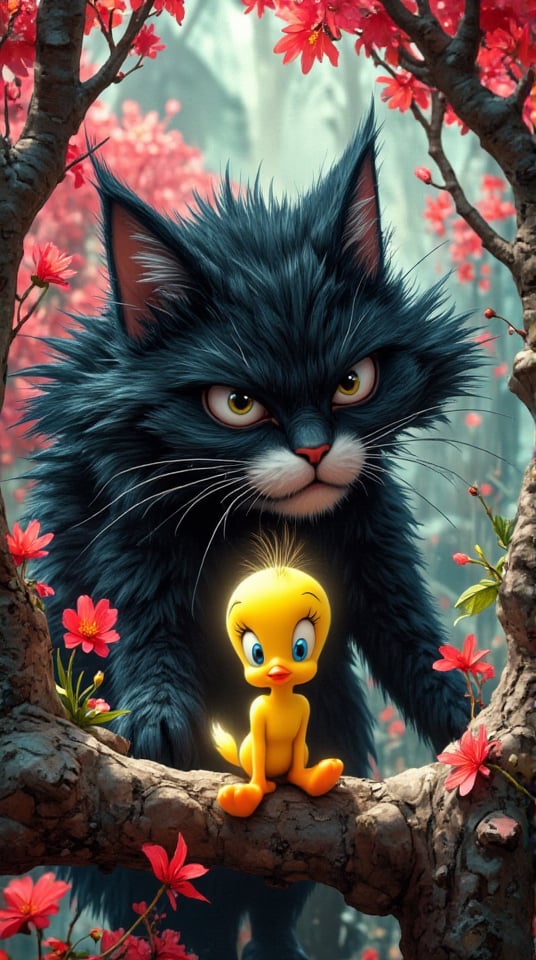 Masterpiece, (8K High Resolution), (Ultra High Resolution 3840 x 2160), (Ultimate Subjective), (12K Ultra High Resolution Wallpaper 8k). A surreal and intense scene featuring Sylvester the Cat stealthily lurking behind Tweety Bird, set in a dreamlike environment. Sylvester's expression is one of mischievous determination, with exaggerated features that highlight his cartoonish charm. Tweety, innocent and wide-eyed, sits on a whimsical branch surrounded by oversized, vibrant flowers and distorted trees. The background swirls with abstract shapes and vivid colors, creating a sense of movement and chaos that enhances the tension between the characters. The overall composition blends humor and drama, inviting viewers into this captivating, otherworldly moment.