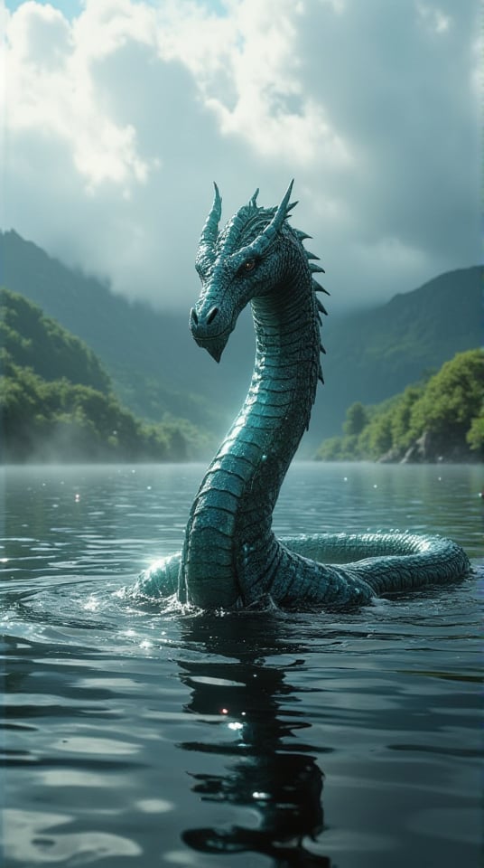 Masterpiece, (8K High Resolution), (Ultra High Resolution 3840 x 2160), (Ultimate Subjective), (12K Ultra High Resolution Wallpaper 8k). An awe-inspiring depiction of the legendary Loch Ness Monster, emerging majestically from the depths of a misty Scottish lake. The creature's long, serpentine body glistens in the soft light, showcasing intricate patterns and scales that shimmer like jewels. Ripples form around it, adding to the sense of movement and mystery. The background features lush, green hills and a dramatic, cloudy sky, enhancing the mythical atmosphere. This captivating scene captures the essence of legend and wonder, inviting viewers to marvel at the enigmatic beauty of Nessie.
