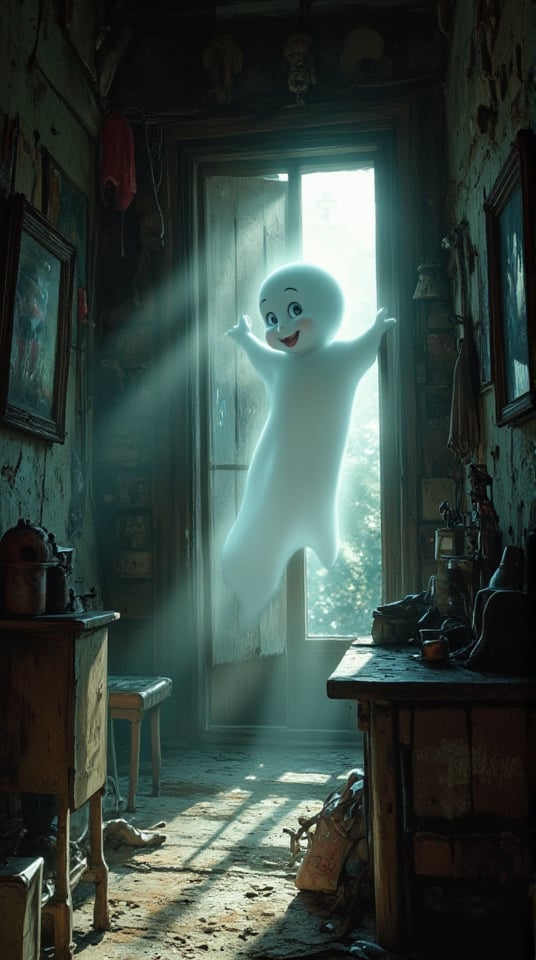 Masterpiece, (8K High Resolution), (Ultra High Resolution 3840 x 2160), (Ultimate Subjective), (12K Ultra High Resolution Wallpaper 8k). A whimsical depiction of Casper the Friendly Ghost halfway through a wall, his cheerful expression radiating warmth and friendliness. His translucent form blends seamlessly with the textured surface of the wall, highlighting the playful nature of his character. The surrounding room is dimly lit, filled with vintage furniture and quirky decorations, creating a nostalgic atmosphere. Soft light filters through, casting gentle shadows that enhance the magical quality of the scene. The overall composition captures the essence of fun and mischief, inviting viewers into Casper's enchanting world.
