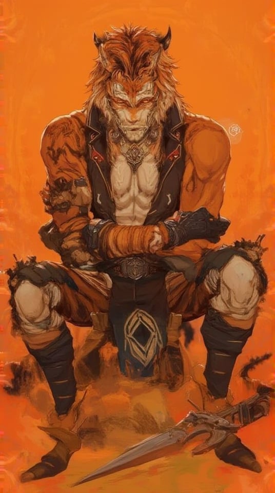 1boy, male_focus, solo, sitting, muscular, knee_pads, looking_at_viewer, braid, bandages, animal_ears, arm_wrap, tiger, gloves, weapon, furry_male, belt, muscular_male, sleeveless_jacket, tiger_boy, pants, bandaged_arm, fingerless_gloves, vest, furry, jewelry, brown_pants, orange_background, sleeveless