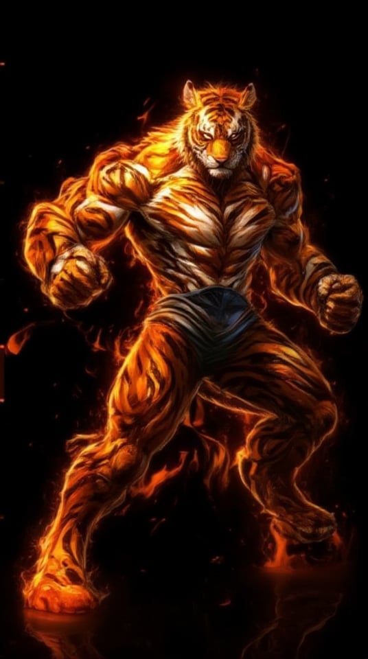 furry, 1boy, solo, male_focus, furry_male, muscular, muscular_male, animal_ears, bara, tiger_boy, looking_at_viewer, tiger_ears, fire, feet_out_of_frame, fighting_stance, tail, tiger, orange_fur, tiger_stripes, pectorals, black_background, standing, tiger_tail, short_hair, pants