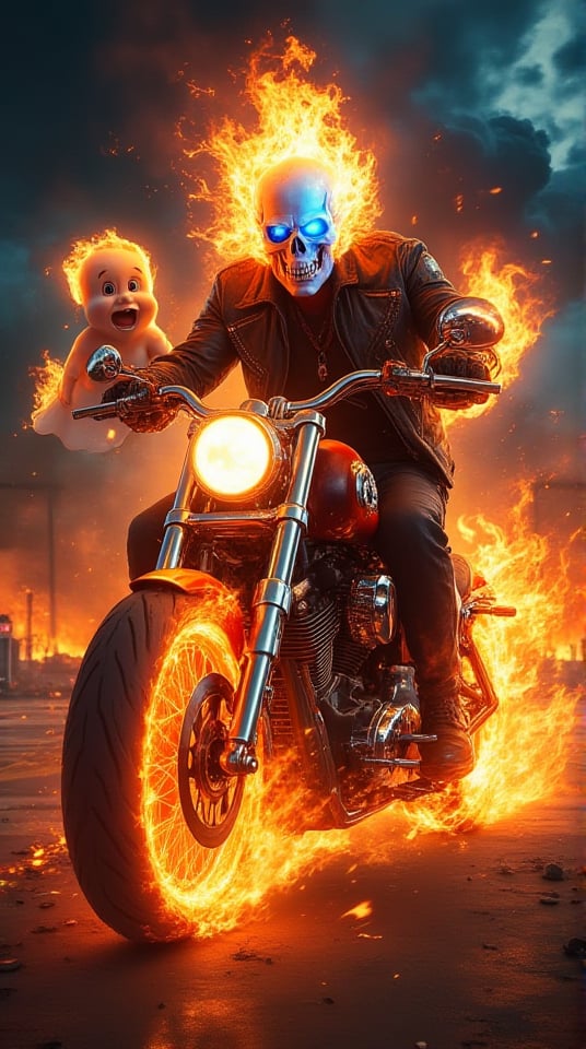 Masterpiece, (8K High Resolution), (Ultra High Resolution 3840 x 2160), (Ultimate Subjective), (12K Ultra High Resolution Wallpaper 8k), a dynamic scene featuring Ghost Rider, engulfed in fiery flames, riding his iconic motorcycle. His skull is illuminated with a fierce blue fire, creating an intense contrast against the dark background. Beside him, Casper the Friendly Ghost is playfully surrounded by swirling flames, his friendly expression juxtaposed with the fiery chaos. The backdrop features a dramatic night sky filled with dark clouds and embers, enhancing the supernatural atmosphere. The overall composition captures a blend of heroism and whimsy, making it an engaging and exciting piece of art.