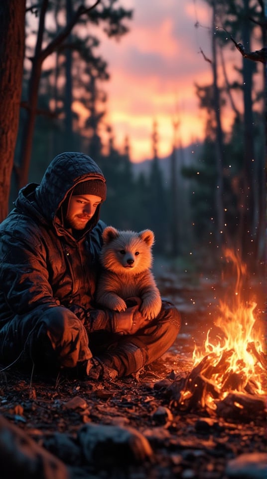 Masterpiece, (8K High Resolution), (Ultra High Resolution 3840 x 2160), (Ultimate Subjective), (12K Ultra High Resolution Wallpaper 8k). A heartwarming scene set during a tranquil evening by a crackling campfire. A baby bear, fluffy and adorable, sits contentedly beside a man in rugged outdoor gear, both enjoying the warmth of the fire. The sky is painted with hues of orange and pink as the sun sets behind the trees, casting a soft glow over the scene. The man has a gentle smile, looking down at the bear, while the firelight dances across their faces, creating a cozy atmosphere. Surrounding them are lush forest trees and the sounds of nature, capturing a moment of friendship and connection in the wilderness.
