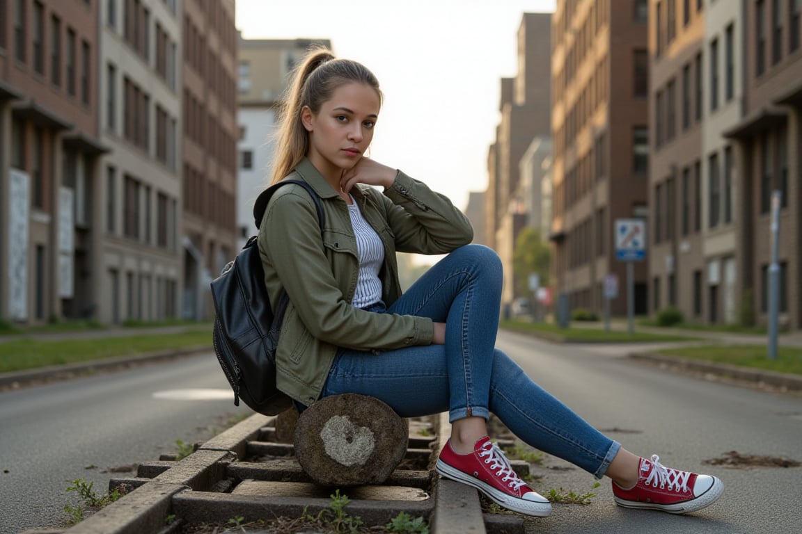 The photography depicts a young woman with gold blonde hair tied to a ponytail, wearing a green stained jacket, tight blue jeans, a backpack and worn out red converse chucks, sitting on a car wrack in an deserted street with some other car wracks covered in dirt and moss, plants are growing in cracks of the street, left and right are dilapidated ruins of huge skyscrapers, the light of the setting sun is coming from the front, illuminating the outlines of the woman.



