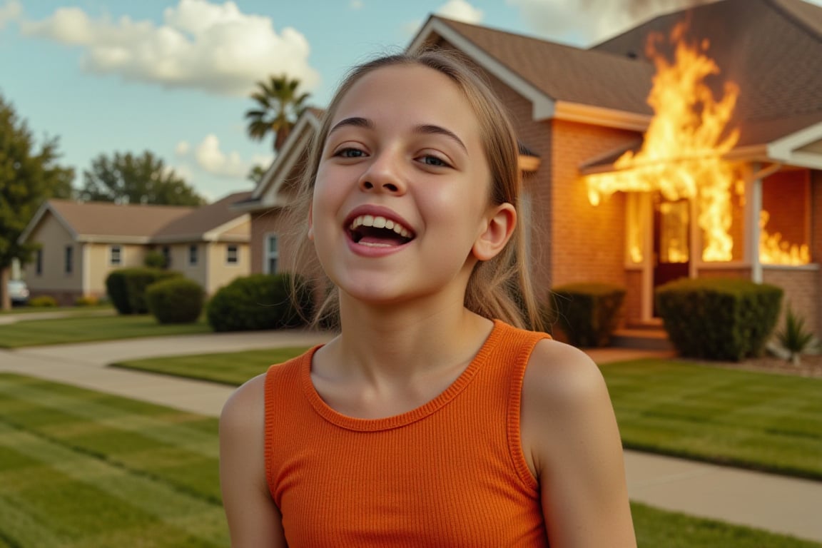 bizarre 10 year old girl with an evil laugh in front of house on fire, Wes Anderson style , retrofuturism suburbia photo, bright colors, 1950s,






