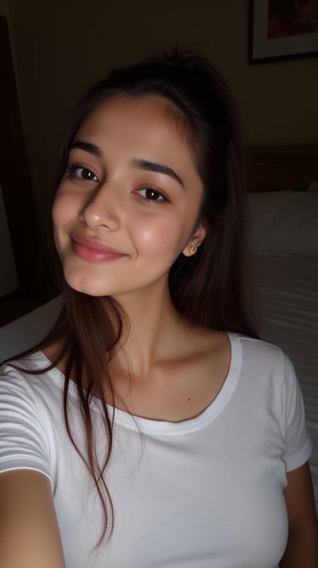 busty kashmiri girl, loose white round neck tshirt, dimly lit room, doggystyle selfie selfshot in bed