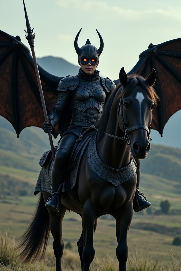 full bodied Tall, thin rider, armor of shifting shadows, huge bat wings, black horse with fiery eyes, darkness-emitting spear, helmet with twisted hornsThe image has to be hyper-realistic, with hyper-detailed cinematic lighting, high contrast, great detail and 4K resolution.


