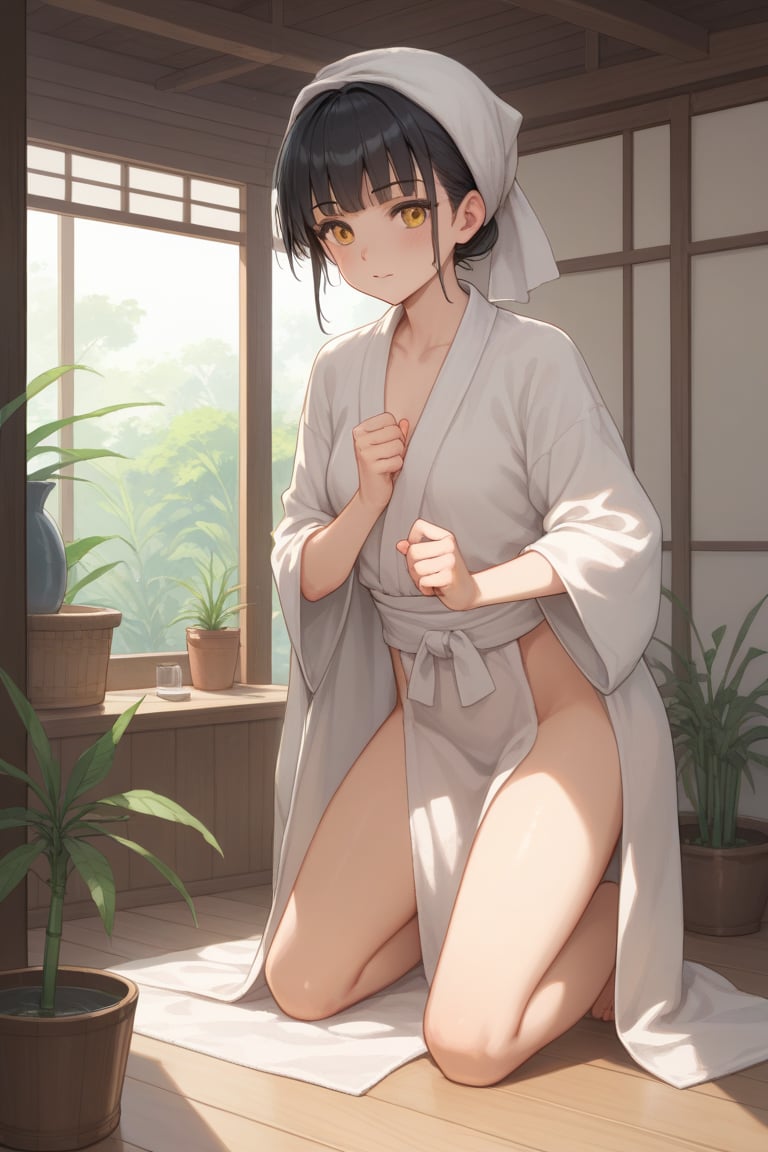 score_9, score_8_up, score_7_up, a 70s style, girl, black hair, with a towel wrapped head, wearing robe, hanging cloth to dry in a traditional Japanese-style bathroom, lighting is soft and golden, with warm hues typical of the golden hours, gentle glow through a shoji screen, wooden elements and minimalist design, bathroom are emphasized, details like bamboo racks, simple tiled floors, small indoor plants enhancing the serene, intimate atmosphere, posture pose is relaxed, entire scene warm, earthy tones