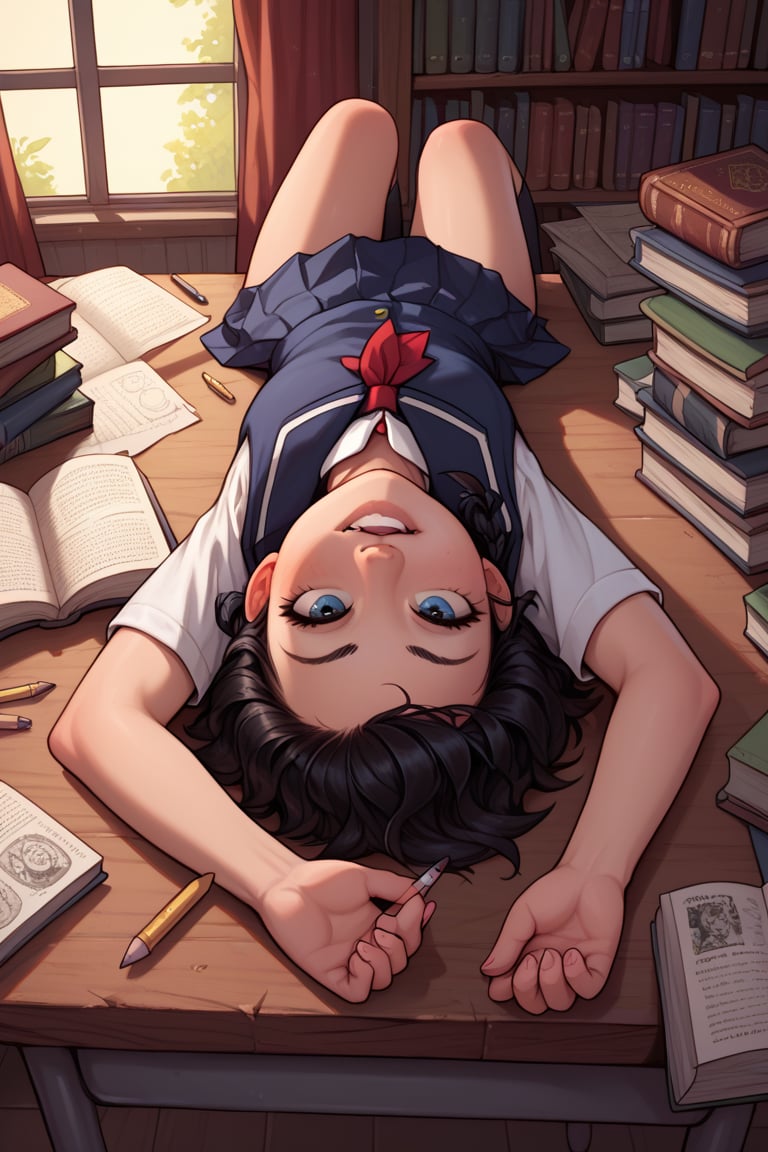 score_9, score_8_up, score_7_up, insanely detailed, detailed background in the library, girl, Tanako512, black hair, school uniform, lie down, on table, messy book, biting pencil