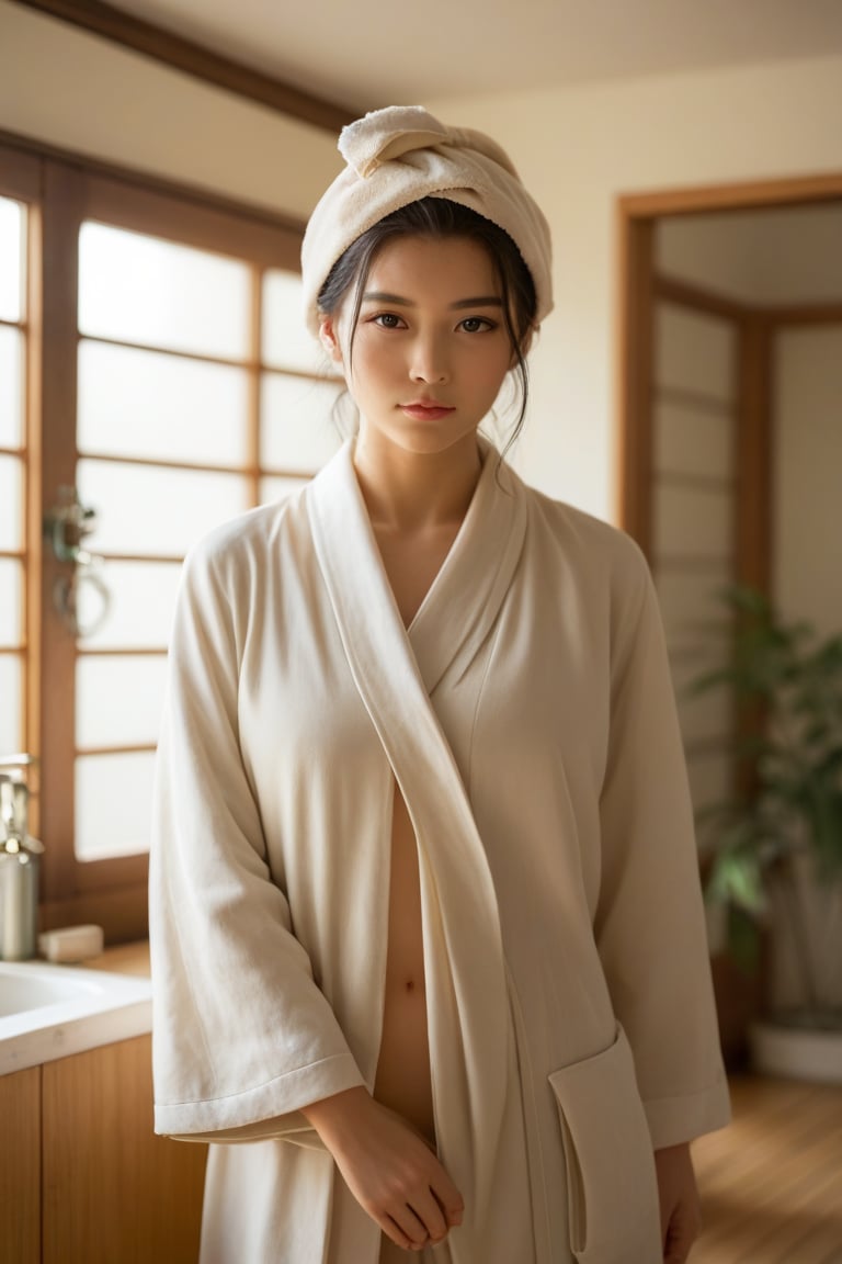 score_9, score_8_up, score_7_up, dramatic, cinematic, raw, photo, focus macro shot, bokeh effect, bashful blash, depth of field, girl, black hair, a towel in head, wearing robe, traditional Japanese-style bathroom, lighting is soft and golden, warm hues, golden hours, gentle glow through a shoji screen, wooden elements and minimalist design, bathroom are emphasized, details like bamboo racks, simple tiled floors, small indoor plants enhancing the serene, intimate atmosphere, posture pose is relaxed, entire scene warm, earthy tones, SFW