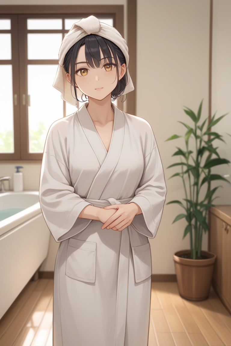 score_9, score_8_up, score_7_up, dramatic, cinematic, raw, photo, focus macro shot, bokeh effect, bashful blash, depth of field, girl, black hair, a towel in head, wearing robe, traditional Japanese-style bathroom, lighting is soft and golden, warm hues, golden hours, gentle glow through a shoji screen, wooden elements and minimalist design, bathroom are emphasized, details like bamboo racks, simple tiled floors, small indoor plants enhancing the serene, intimate atmosphere, posture pose is relaxed, entire scene warm, earthy tones, SFW